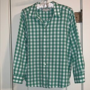 Loft Happy Gingham Button Down, Petite, EUC, Curved Hem, Long Sleeves, So Cute!